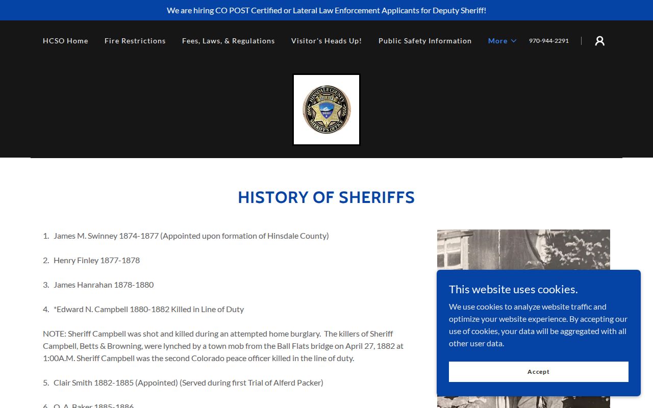 Hinsdale County Jail release records and HCSO sheriff history