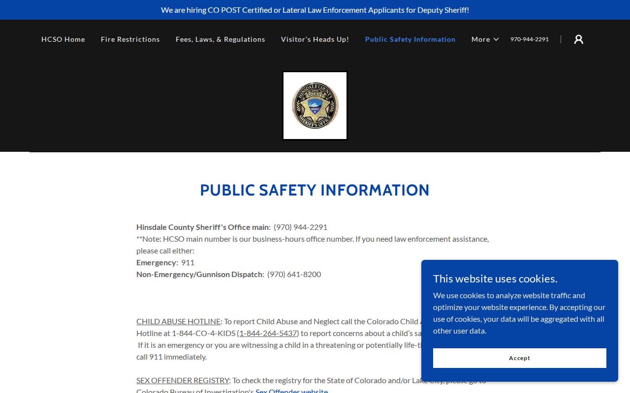 Hinsdale County public safety page linking Colorado registry records